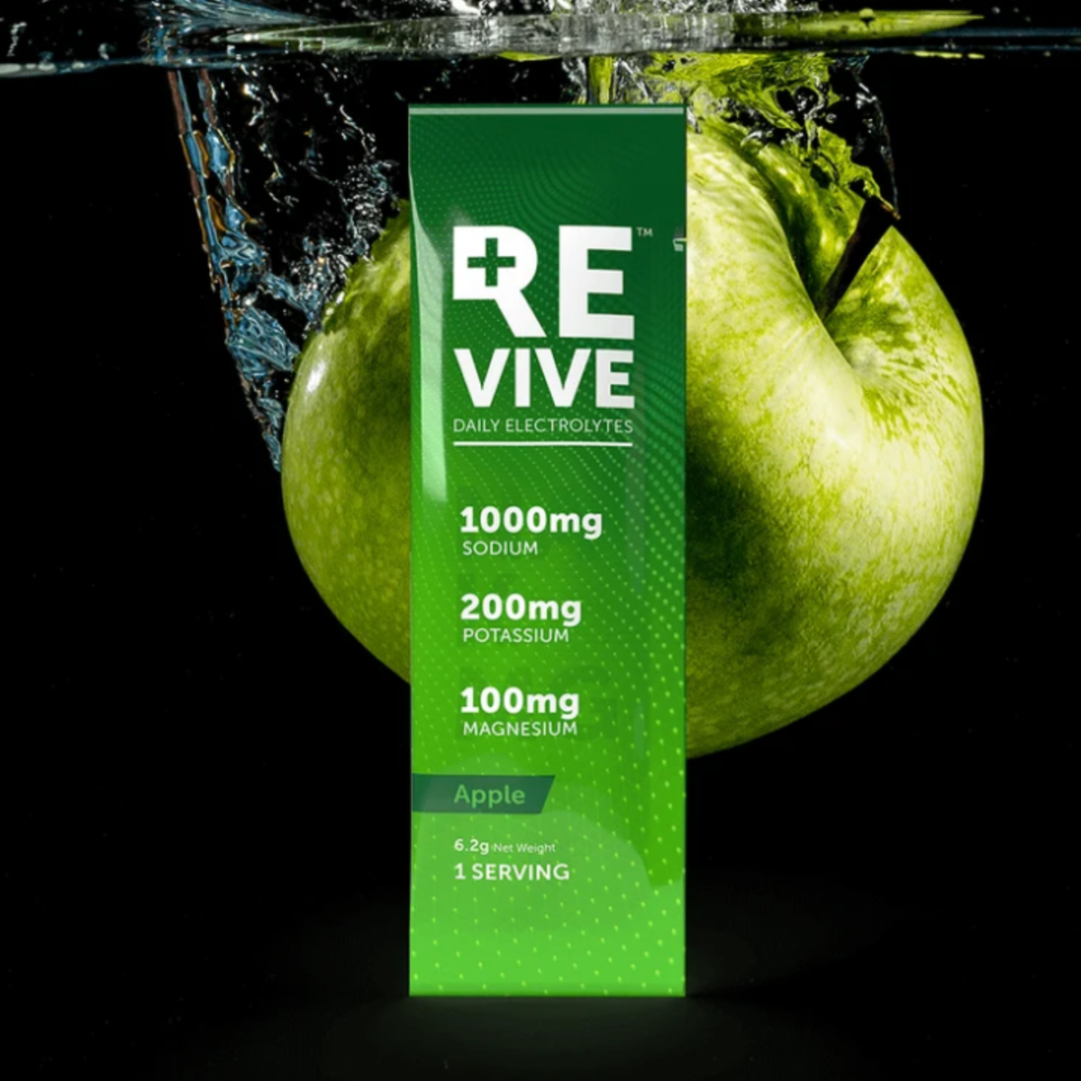 Revive Daily Electrolytes Peach single sachet with peaches splashing in water