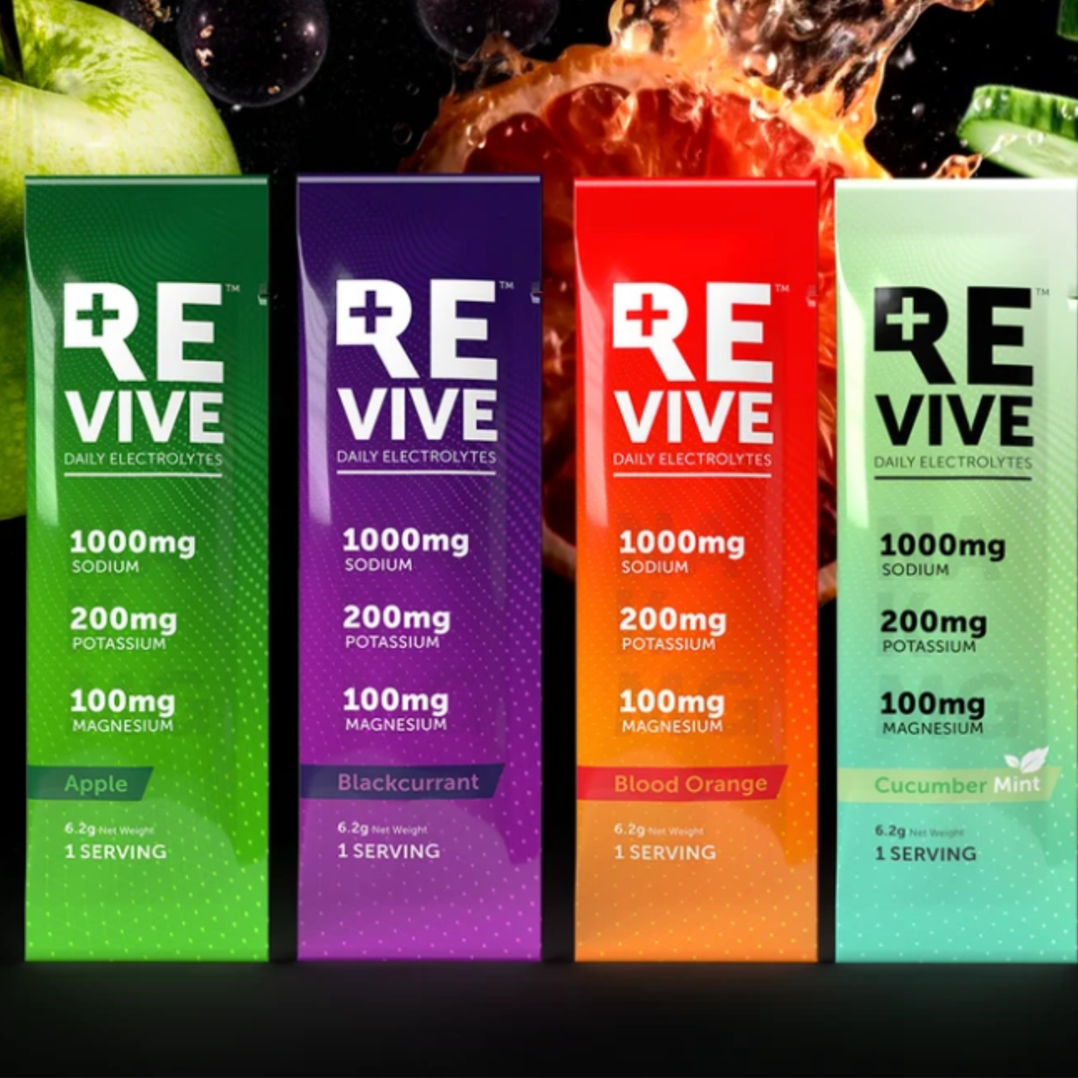 Revive Daily Electrolytes 4 flavours - Apple, Blackcurrant, Blood Orange, Cucumber Mint sachets
