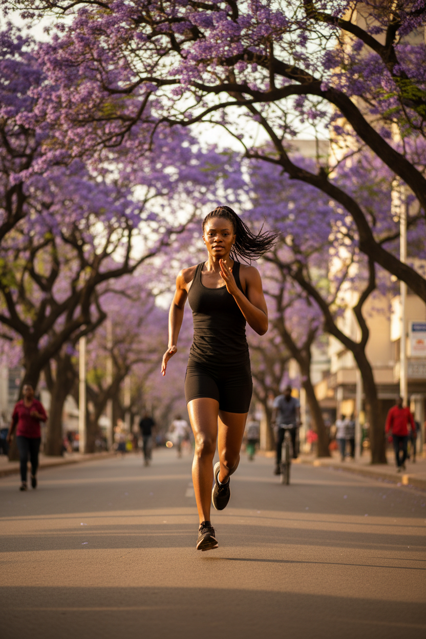 Black woman mid-run in Harare with Jacaranda trees in the background, wearing black biker shorts and black top